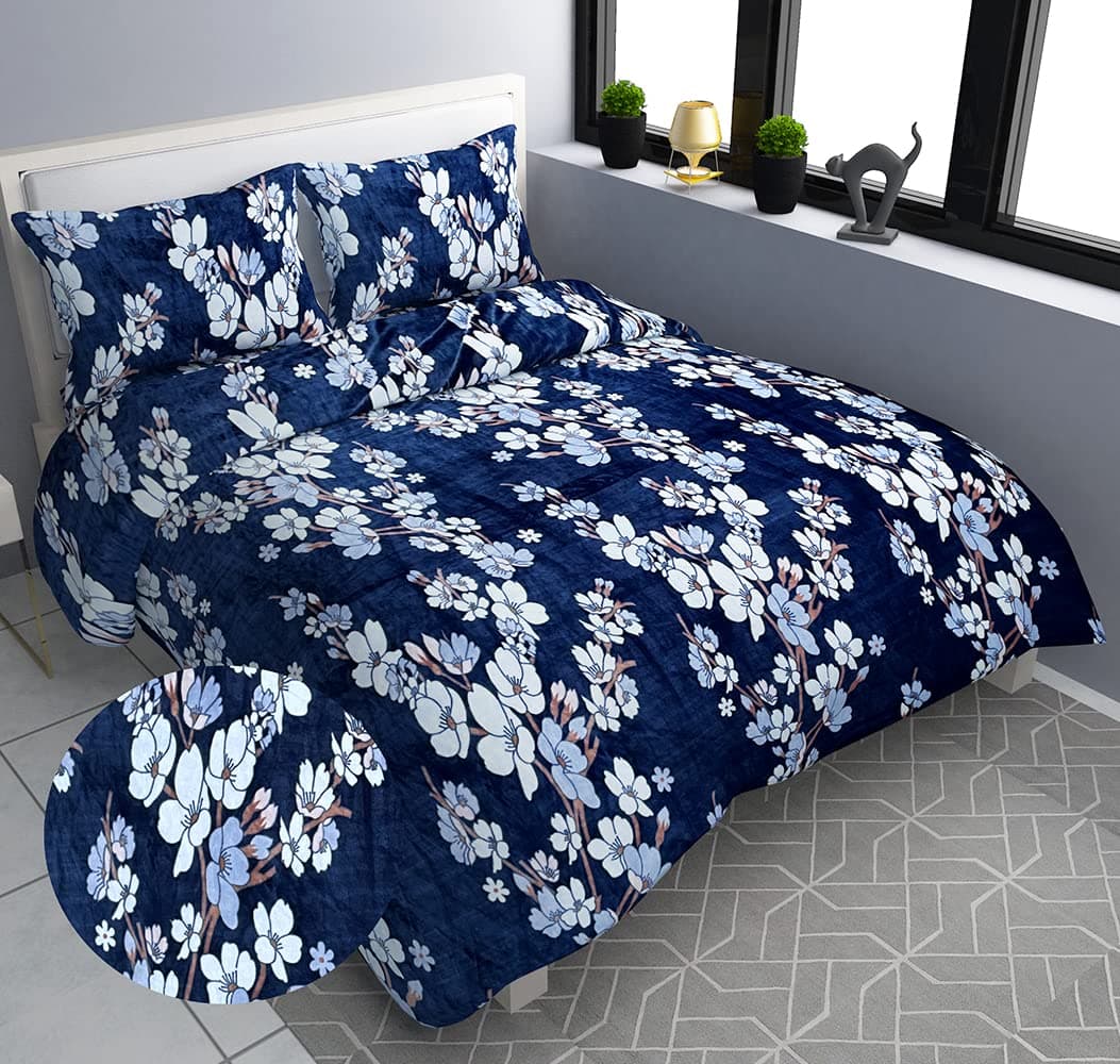 DECOMIZER Warm/Winter Super Soft Fleno King Size Double Bedsheet with 2 Pillow Cover || Warm Bed Sheet for Winter (King - 95x100 Inches, Color- Navy Flower)