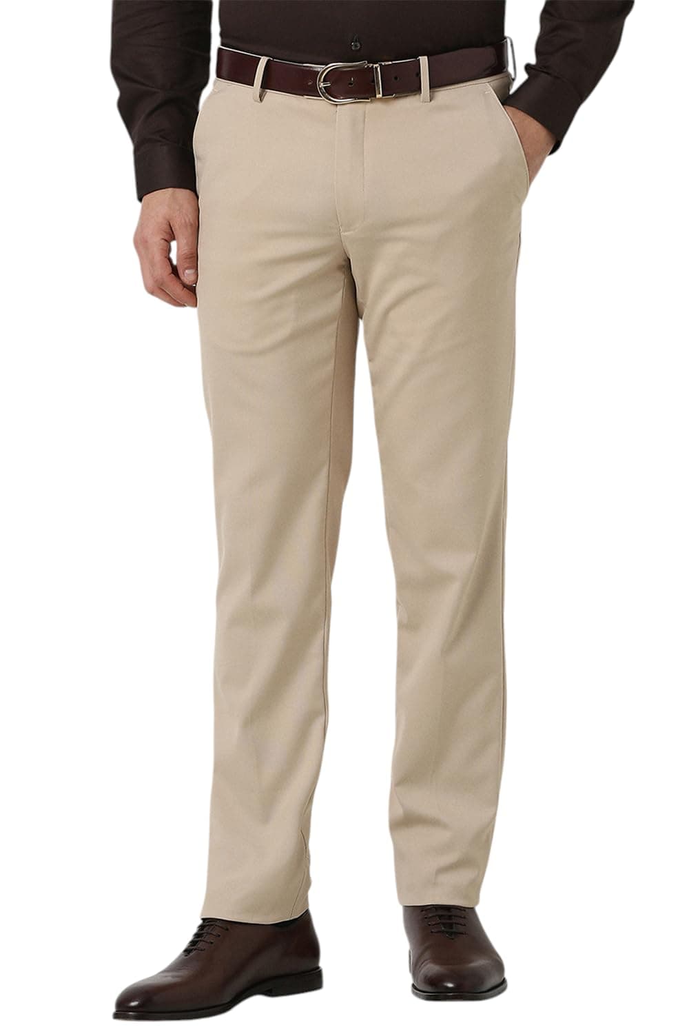 Peter England Men Beige Solid Slim Fit Trousers