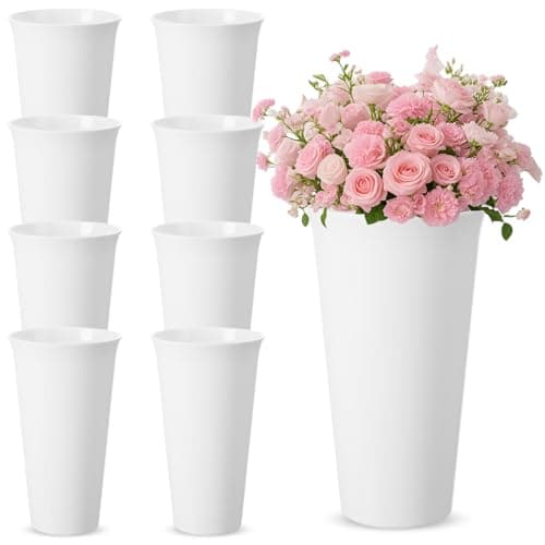Ninehaoou 8 Pack Flower Buckets 9.84 Inch Plastic Flower Vases Modern Round Vases for Centerpieces Floral Display Decorative Buckets for Table Home Wedding Decorations (White)