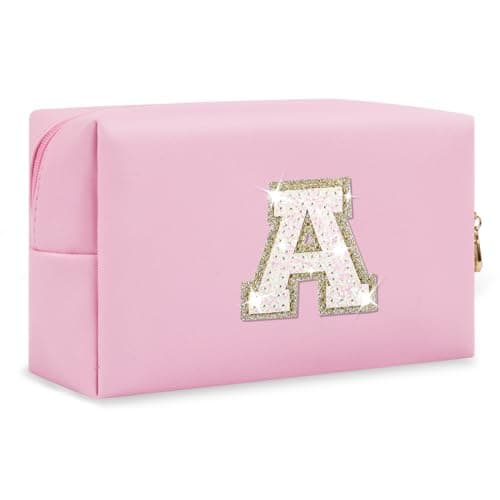 Small Personalized Initial A-Z Patch Makeup Bag,Pink Cute PU Leather Glitter Letter Cosmetic Bag for Teen Girls,Travel Toiletry Bag with Zipper,Preppy Monogrammed Birthday Gift for Daughter Niece A