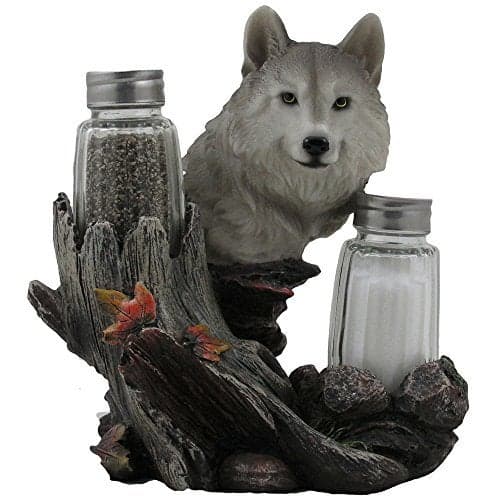 Decorative Gray Wolf Glass Salt and Pepper Shaker Set with Holder Figurine for Cabin and Rustic Lodge Restaurant Bar or Kitchen Table Decor Wildlife Animal Collectibles Wolves Sculptures As Gifts