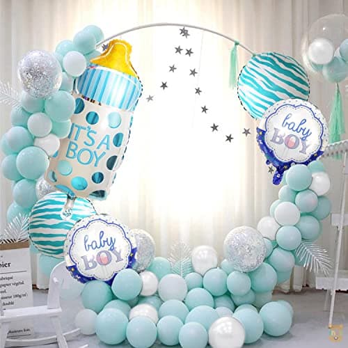 Indy Toys And Fashion Set Of 35 Pcs, 15 White,Blue Pastel Balloons,2 Both Side Round Baby Boy, 2 Blue Stripes Round Foil Balloons,1 Its A Boy! Welcome Bottle For Kids Birthday Party Theme