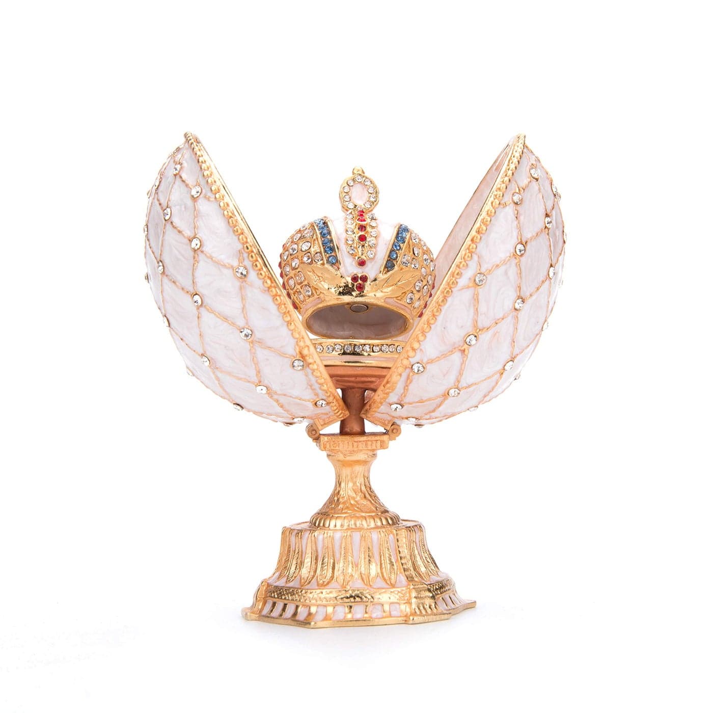 QIFU Vintage White Easter Egg Style White Enameled Trinket Box with Mini Crown Unique Gift for Family