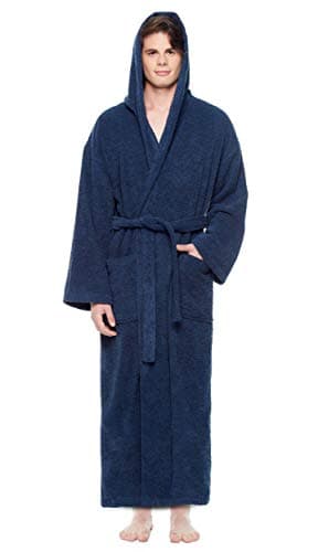 Arus Mens Hooded Classic Turkish Cotton Bath Robe with Full Length Options Navy Blue LargeXLarge