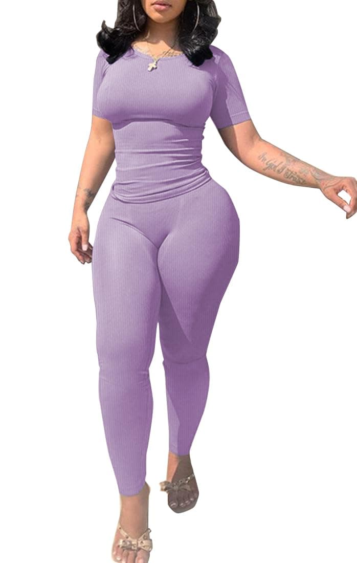 PINSV 2 Piece Sets for Women Summer Casual Jogger Workout Outfits Fitted Crew Neck T-shirt High Waist Legging Sets Purple XL