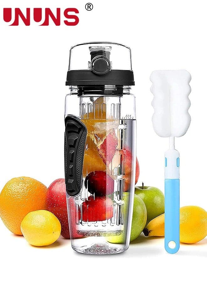 32oz Capacity Fruit Infuser Water Bottle With Sleeve,BPA-Free Fruit Infuser Water Bottle With Brush,Flip Top Lid Drinking Spout,Leak Proof