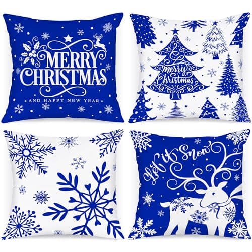 Lanpn White and Blue 18x18 Christmas Pillow Covers Set of 4 Decorative 18 Inch Navy Winter Snowflake Throw Pillow Case Xmas Cushion Cover for Indoor House Sofa Dark Blue