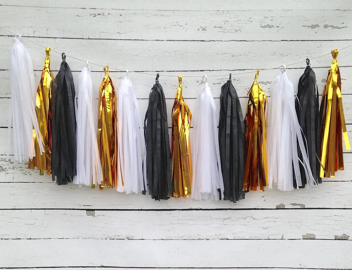 AMFIN® (15 Pieces, 1.5 Meter) Paper Tassels for Decoration, Paper Tassels Garland, Paper Tassel for Party, Paper Tassels, Birthday Decoration items - Black, White & Golden