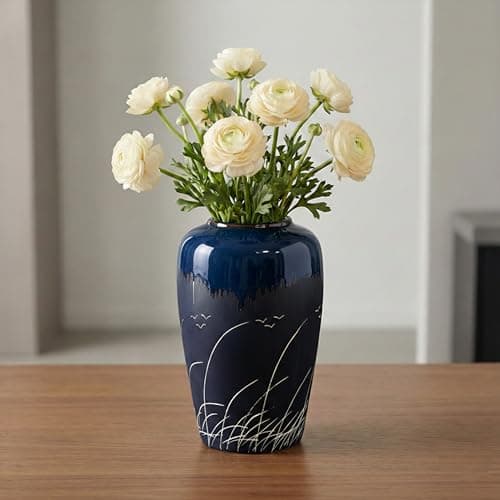 Wancetang Black and Navy Blue Vase, 8 Inch Dark Blue Ceramic Vase for Flowers, Modern Decorative Vases for Home Decor, Coastal Living Room Decor, Navy Table Centerpiece