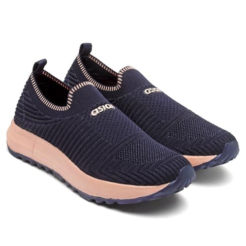 ASIAN Breeze-04 Women’s Slip-On Walking Shoes | Lightweight Knit Sneakers with Memory Foam Comfort | Casual, Travel Navy Peach