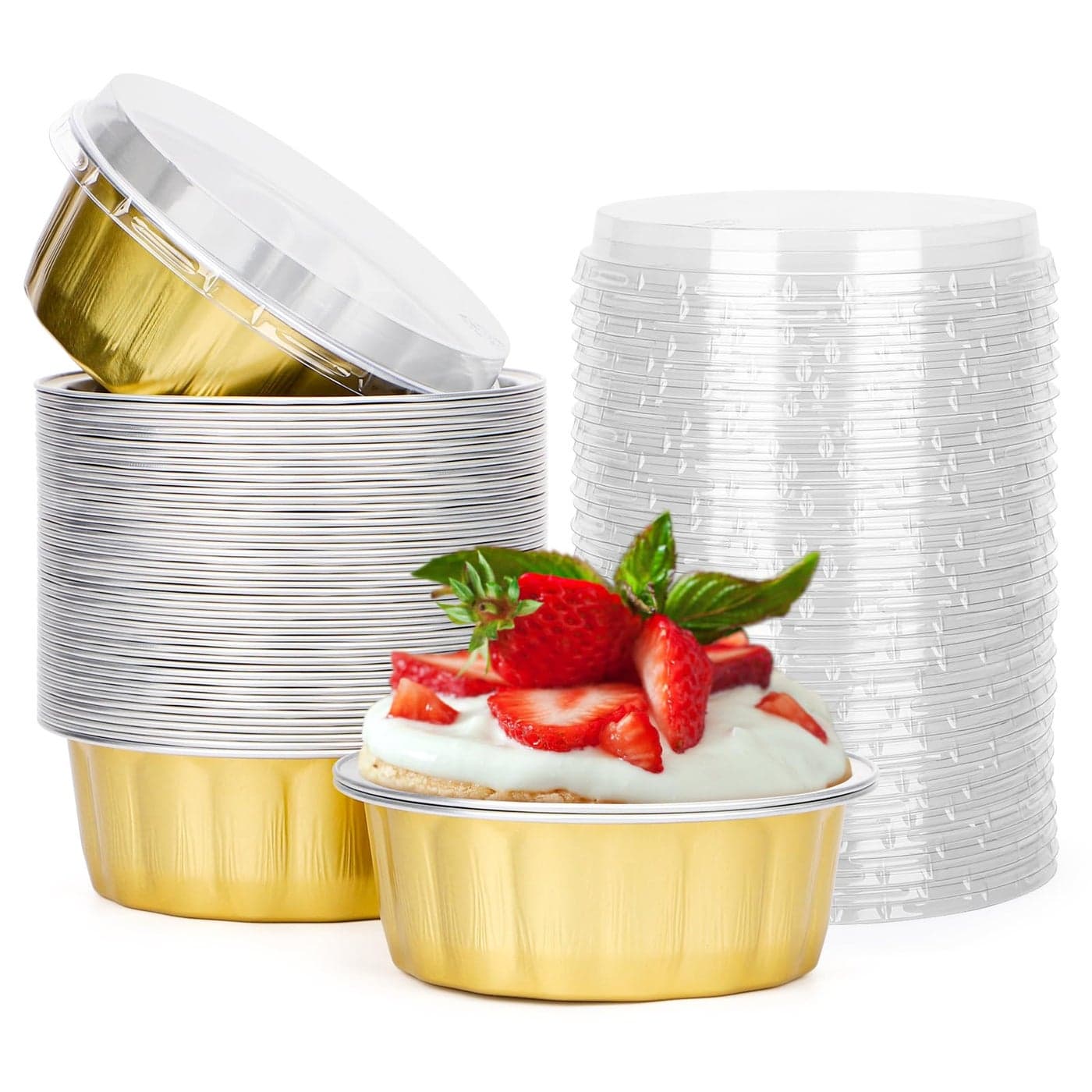Beasea Disposable Ramekins with Lids 8 oz 50 Pack Golden Aluminum Foil Cups Disposable Creme Brulee Muffin Cupcake Baking Cup Mini Pudding Cups for Party Wedding Birthday