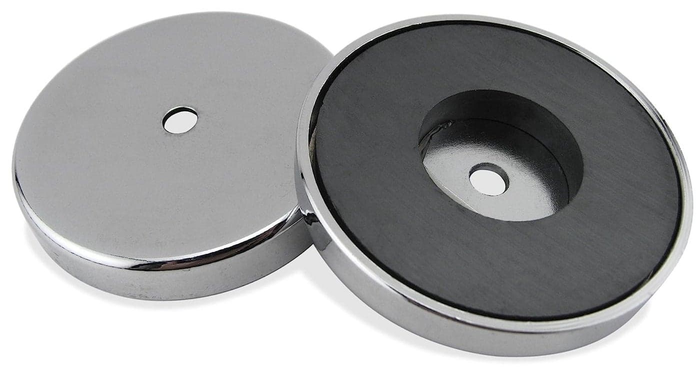 Master Magnetics Ceramic Round Base Magnet Pack - Heavy-Duty Strong Magnets - 200 lb Pull Each - for Indoor and Outdoor Use - Chrome-Plated - 4.90" Diameter - 0.50" Hole - 0.50" Thick - 2-Pack