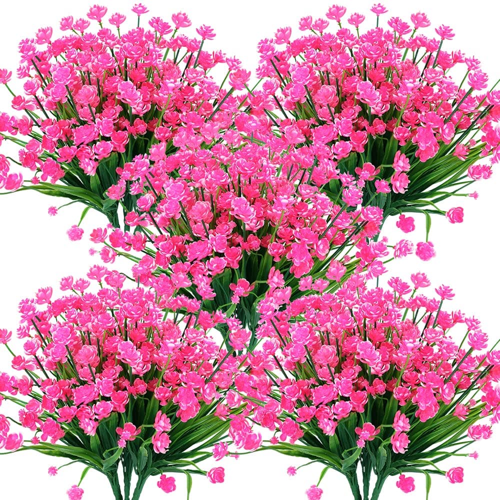KLEMOO 20 Bundles Artificial Outdoor Flowers Fake UV Resistant No Fade Greenery Faux Plants Shrubs for Indoor Outside Hanging Planter Office Home Wedding Farmhouse Decor Pink