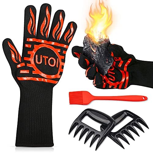 UTOI BBQ Grill Gloves Kit, 1472°F Heat Resistant BBQ Gloves/Long Non-Slip Oven Mitts, Meat Shredder Claws & Silicone Basting Brush for Grilling, Smoker, Baking, Barbecue, Kitchen & Outdoor Cooking