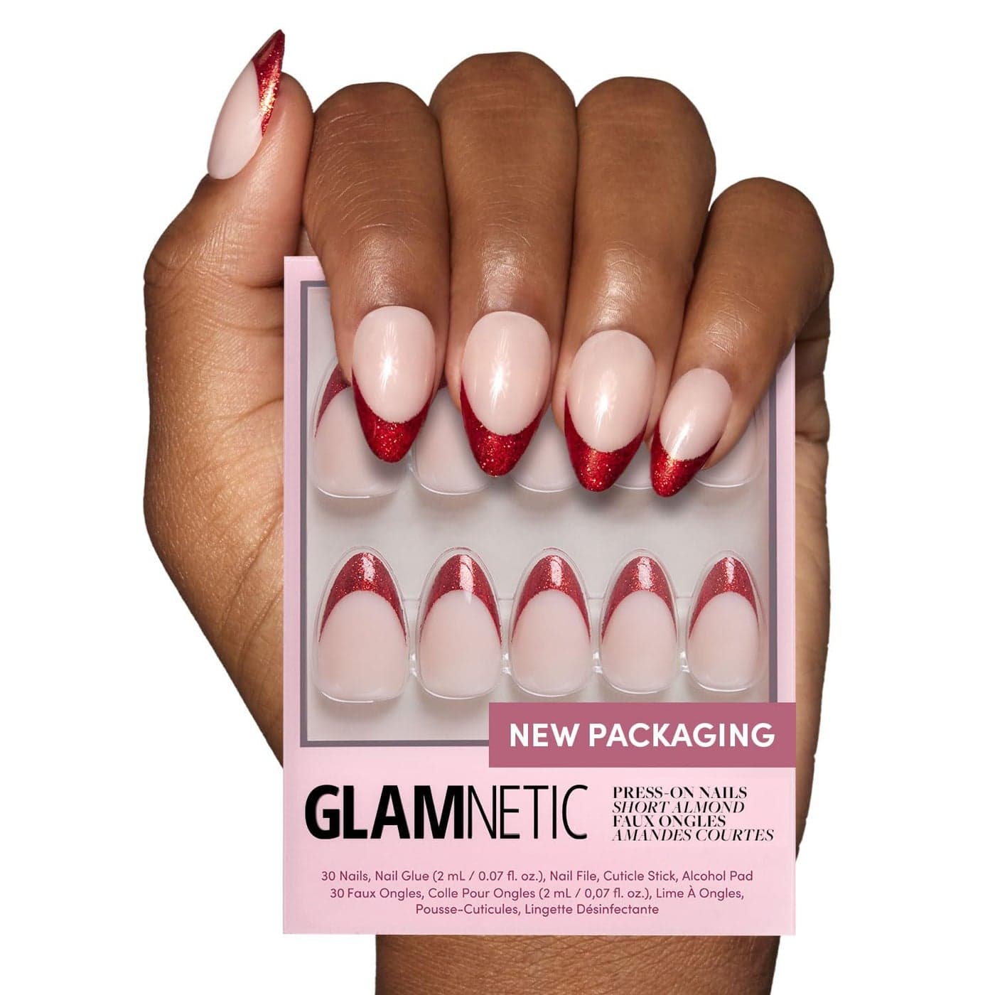 Glamnetic Press On Nails Red Affair Short Almond Red Glitter French Tip Nails with a Glossy Finish 15 Sizes 30 Nail Kit with Glue