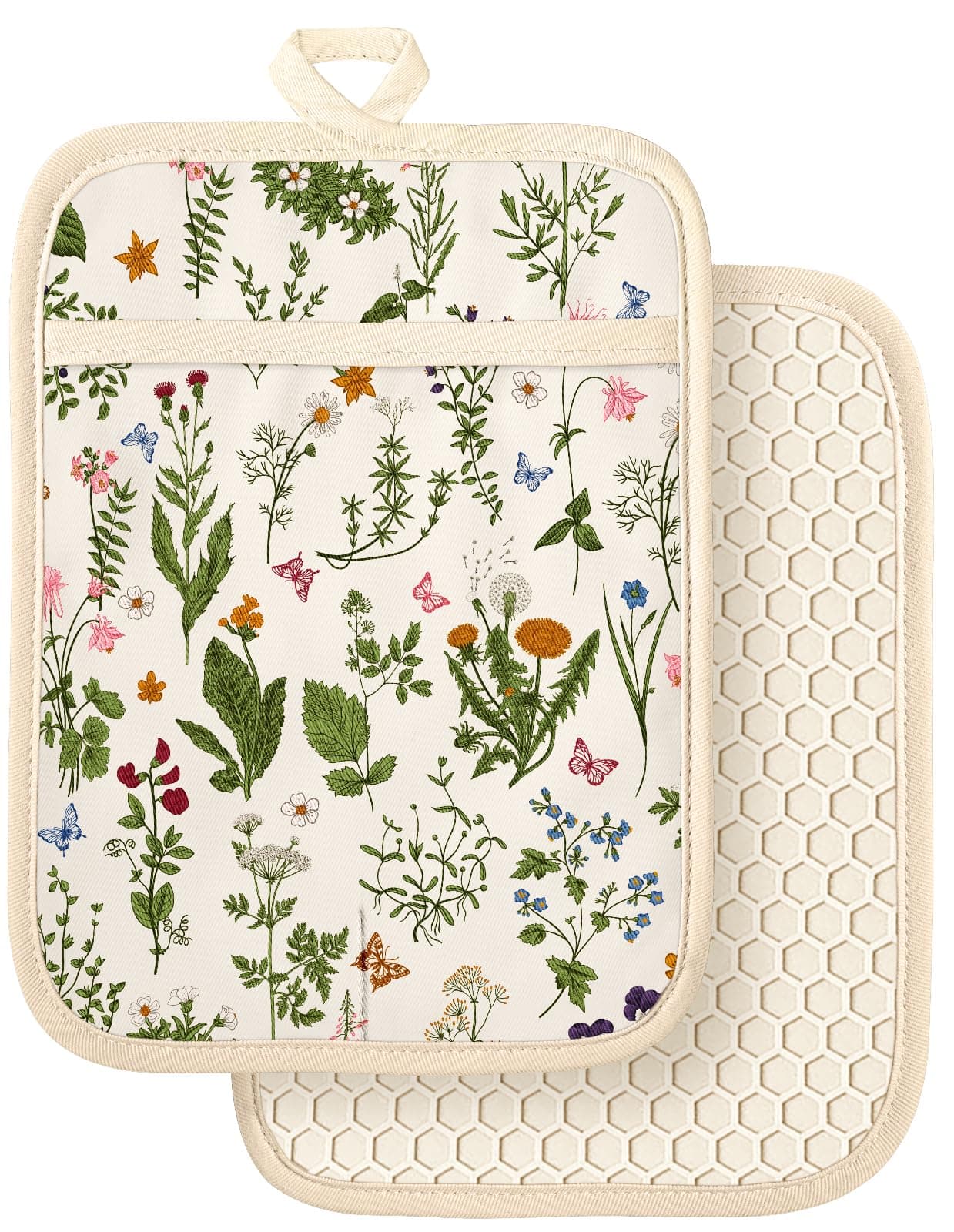 Slohif Silcone Flower Pot Holders for Kitchen - 100% Cotton Beige Cute Retro Oven Potholders with Pockets, Heat Resistant Square Thick Hot Pads, House New Home Baking Baker Gifts,2pack