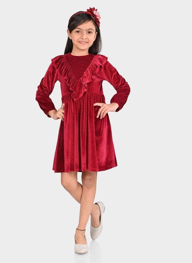 Girl's Maroon 100% Cotton Printed Regular Fit Dress