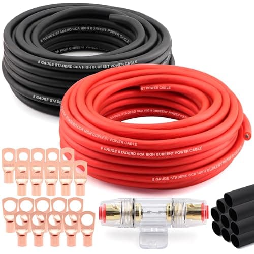 8 Gauge Wire 25ft Each RedBlack Copper Clad Aluminum CCA Primary Automotive WireCar Amplifier Power Ground Cable 20PCS Lugs Terminal Connectors60A ANL Fuse Block and Heat Shrink Tubing