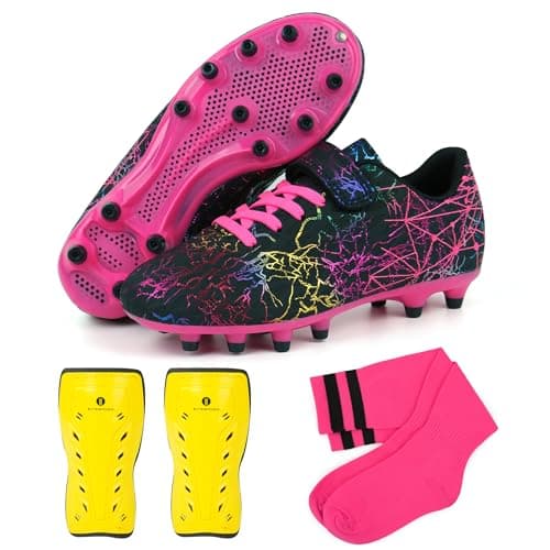 brooman Kids Firm Ground Soccer Cleats Girls Football Cleats with Shin Guards and Soccer Socks (10M,Black Fuchsia)