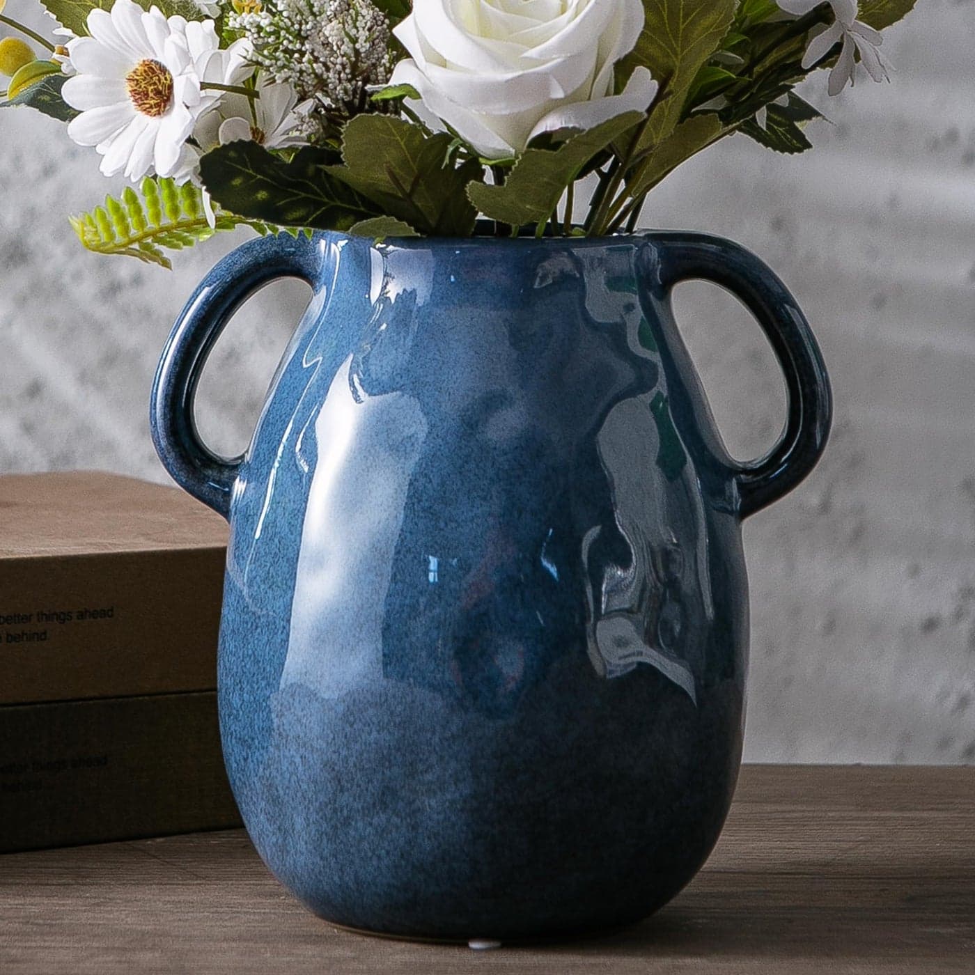 Blue Ceramic Vase with 2 Handles Modern Farmhouse Rustic Terracotta Decorative Clay Boho Vase for Pampas Grass and Home Decor