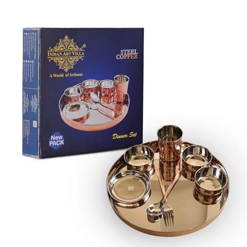 INDIAN ART VILLA Steel Copper Dinner Set, Curved Hammered Finish Thali Set - 8 Pieces, Elegant Tableware for Dining