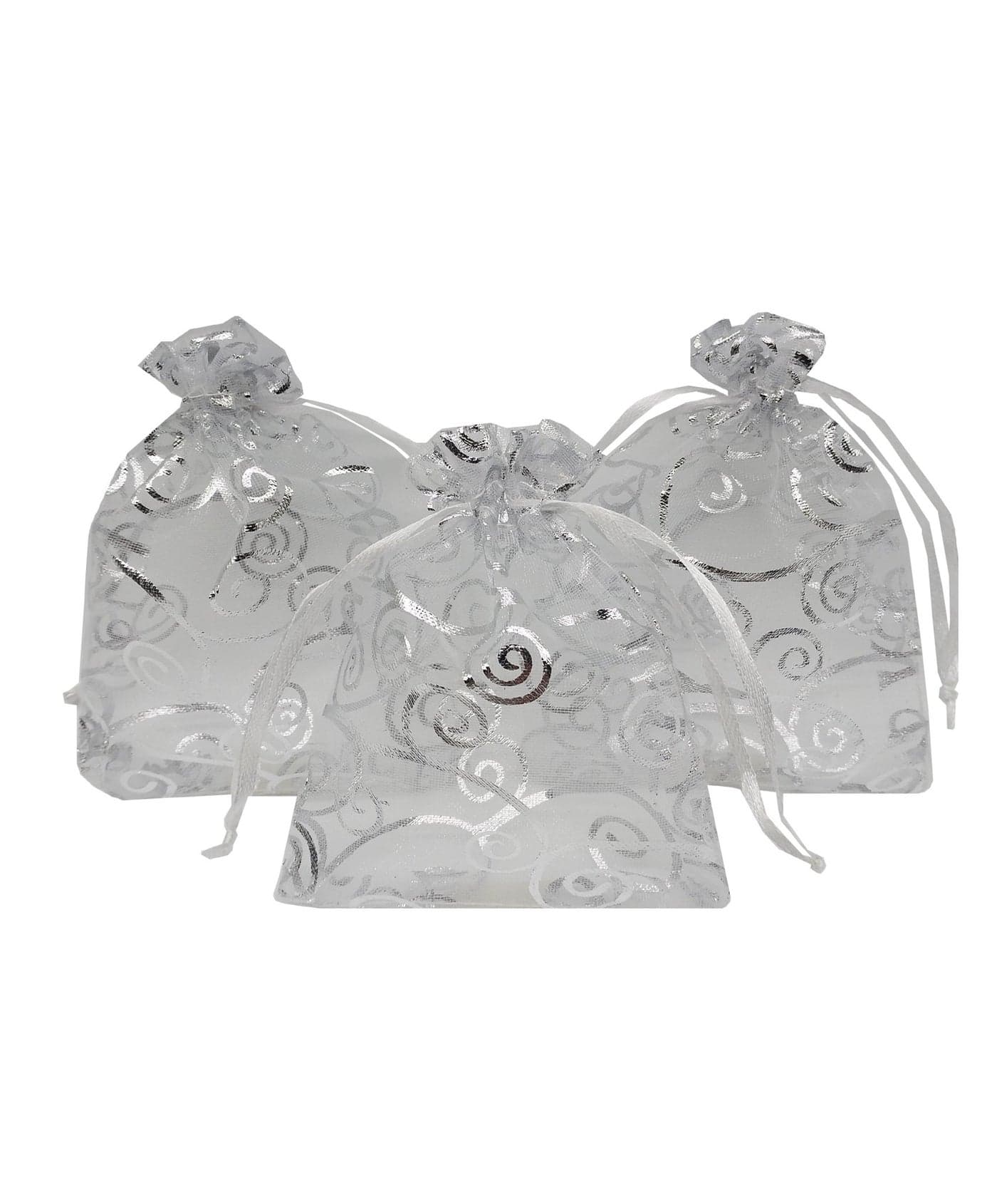 Ankirol 100pcs Sheer Organza Favor Bags For Wedding Baby Shower Rattan Print Gift Bags Samples Display Drawstring Pouches 4x6 silver