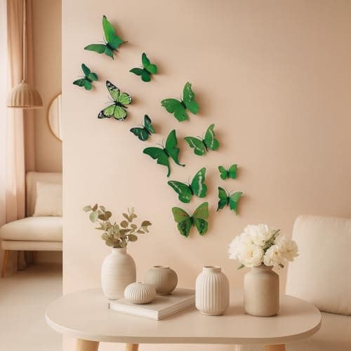 Xtore 12Pcs 3D Home Decor Butterfly | Beautiful Decor Item | Comes with Sticking Pad (Flora Green, Pack of 12), Plastic, Reusable