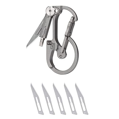 RovyVon U4 Pro+ Plus Titanium Carabiner Keychain Knife, EDC Multitool Pocket Clip with Replaceable Sharp Blade, Dual-bit Screwdriver and Ruler, Emergencies/Office