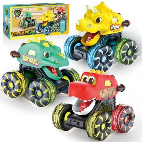 OMAKCOO 3 Pack Dinosaur Monster Truck Toys with LightUp LED Wheels for Toddlers Kids