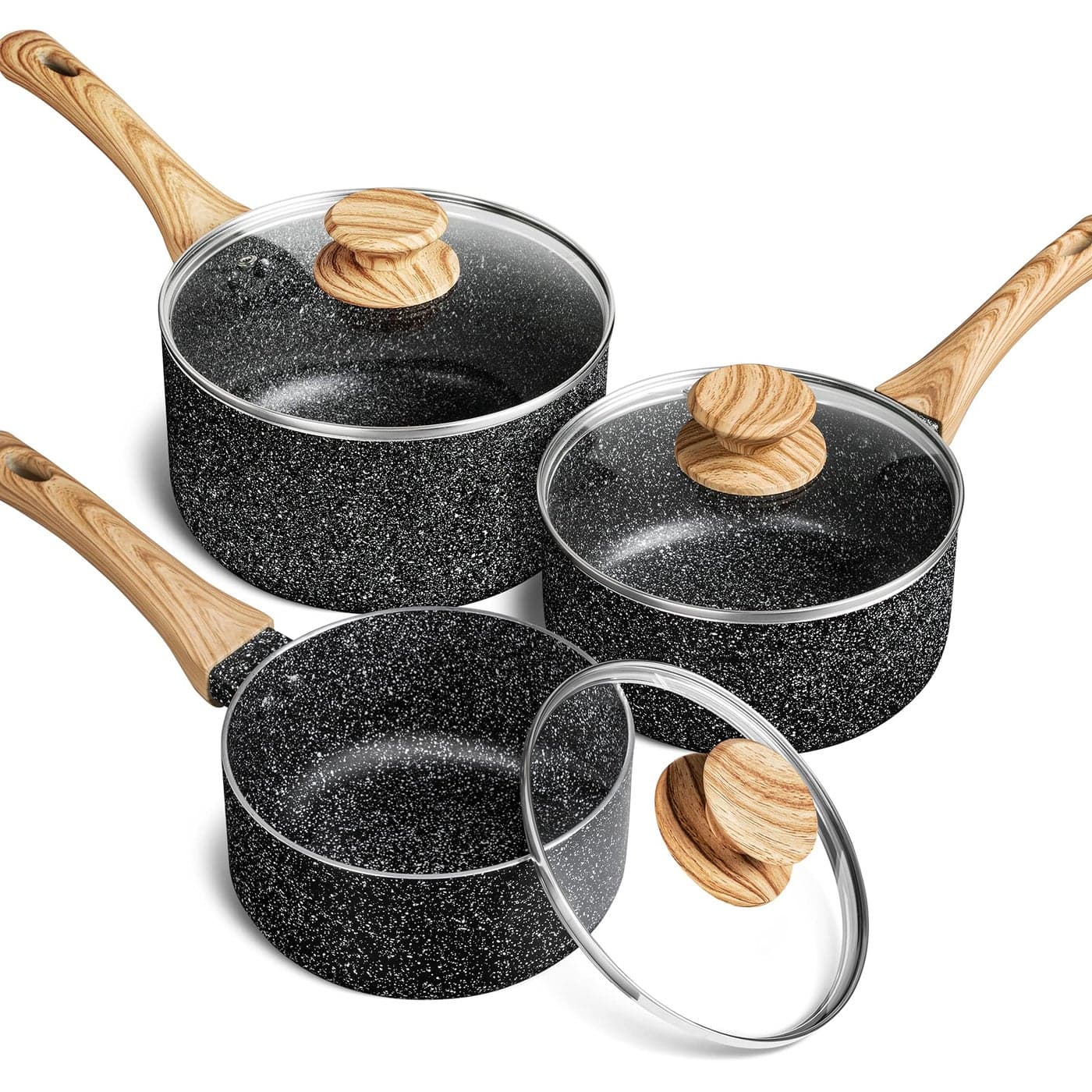 MICHELANGELO Saucepan Set with Lid Nonstick Sauce Pan with Lid 1QT 2QT 3QT Stone Saucepan Sets Small Sauce Pot with Lid Granite Sauce pan 3 Piece Sauce Pots Black