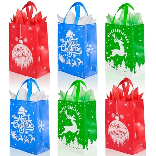 BLEWINDZ 18 Pcs Medium Christmas Gift Bags with Tissue Paper 138x96x56 Reusable Tote Bags with Handles NonWoven Bags for Holiday Xmas Party