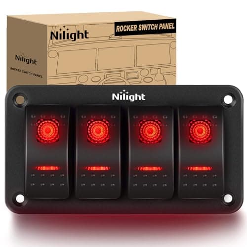Nilight 4 Gang Rocker Switch Panel 5Pin On Off Toggle Switch Aluminum Holder 12V 24V Dash Pre-Wired Red Backlit Switches for Automotive Cars Marine Boats RVs Truck