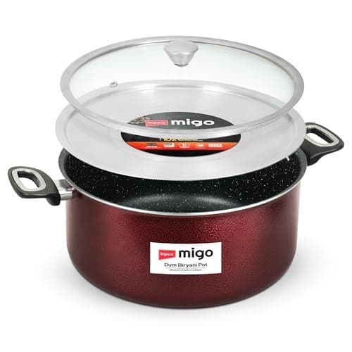 Impex Non Stick Granite Dum Biryani Pot 8 Liter with Extra Dum SS Lid Aluminium Biriyani Pot with 5 Layer Super Granite Coating Gas Stove and Induction Base Chrome Plated Handles 1 Year Warranty