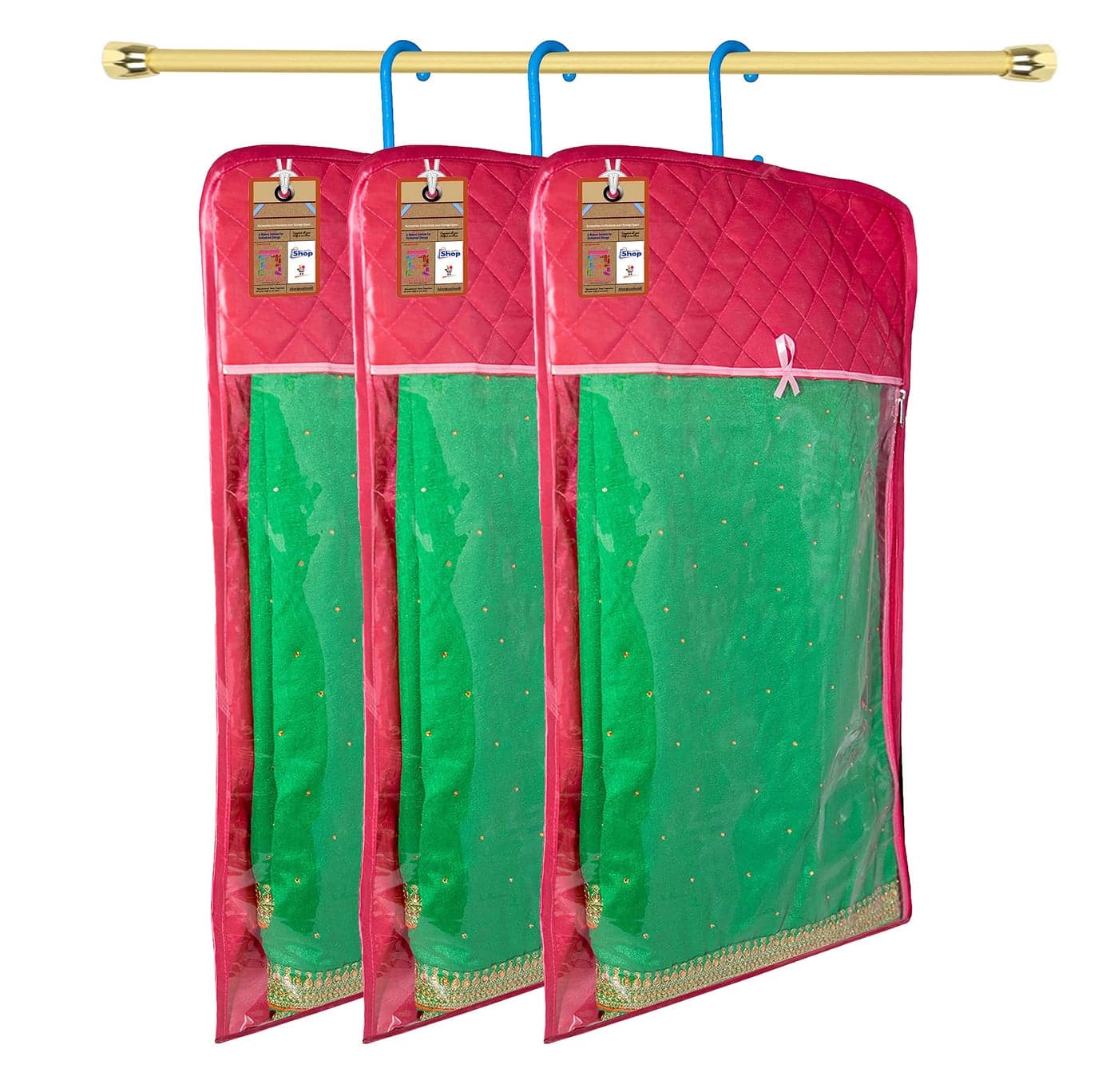 atorakushon Satin Pink Hanging Saree Cover Wardrobe Cloth organizer for Storage Rack Garment Storage Bags Pack of 3