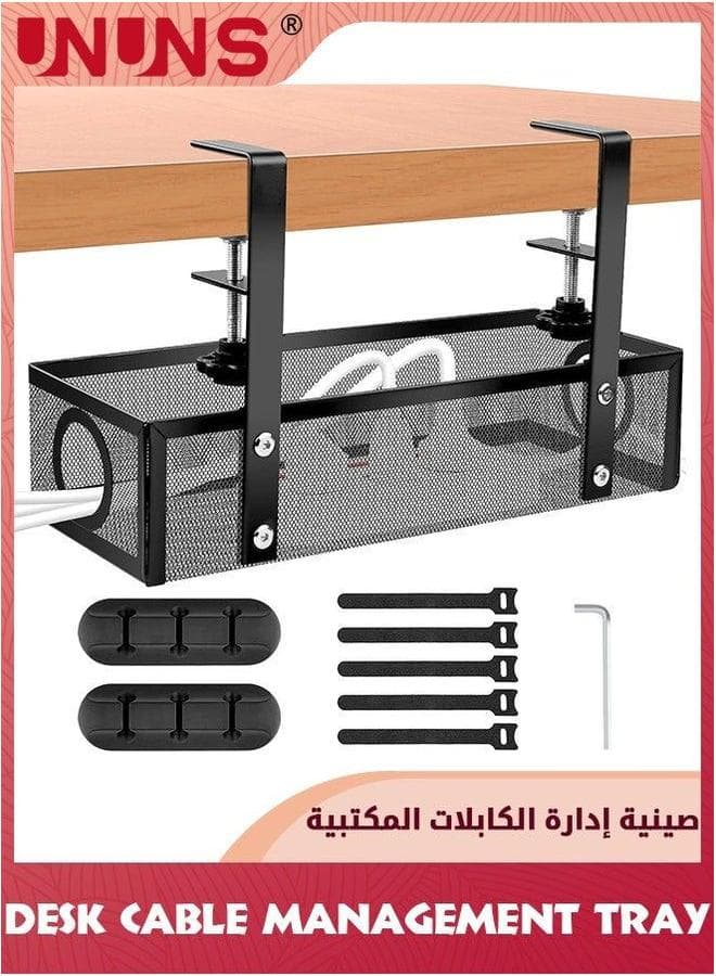 Under Desk Cable Management Tray Black, No Drill Organizer Desk,Cable With Clamp For Wire Management,Desk PC Cord Accessories Home Office