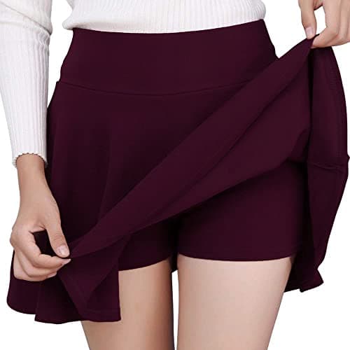 Mehrang Girl's/Women's Classic Stretchy All Time Trendy Skater Skirt with Attached Inner Shorts and Flared Inskirt (28, Wine)