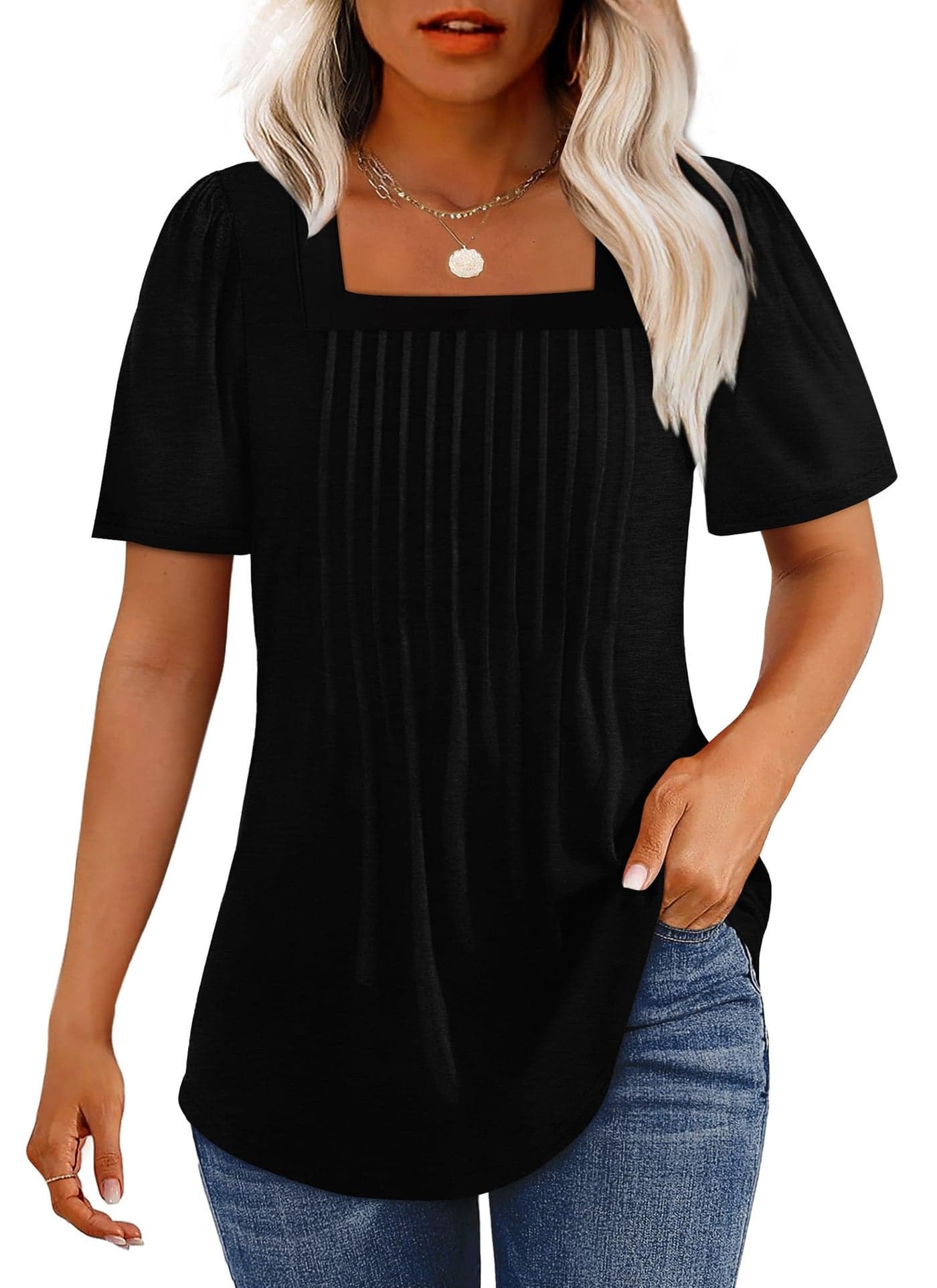 Plus Size Spring Clothes for Women Business Casual Tops 2025 Fashion Clothing Summer Outfits Blouses Beach Vacation Clothes Square Neck Oversized T Shirts Dressy Black Work Loose Puff Sleeve XXL