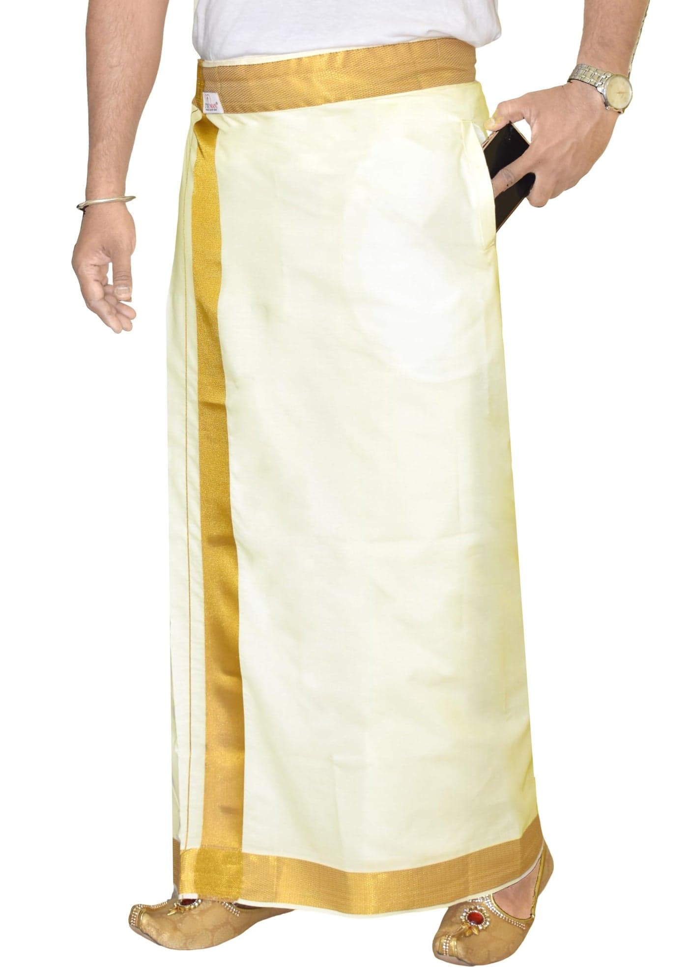 TUNI MANI Men's Cotton Welcro Pocket Dhoti/Adjustable for all size (28-44 Inches) (Cream 2.0" Gold Zari)