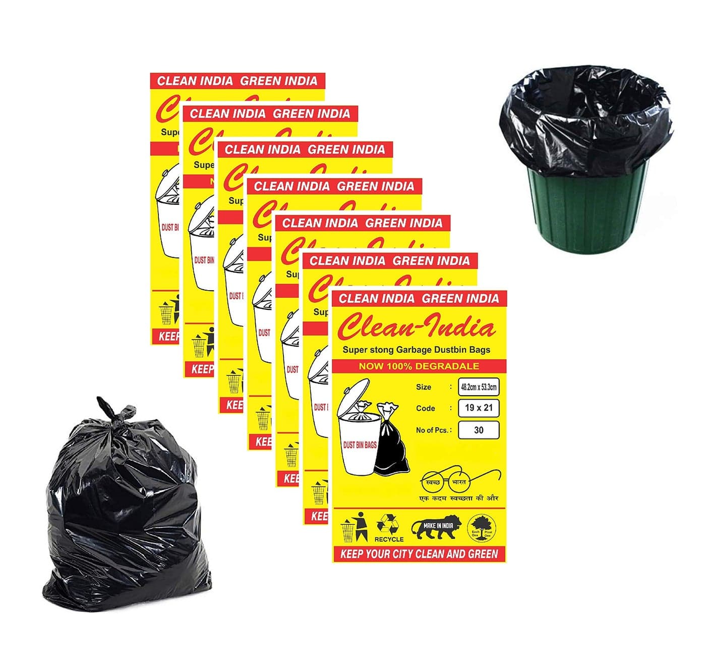 C I Clean India Disposable Garbage Trash Bags and Covers (54 x 48 cm/19" X 21"-Medium, Black) -7 Packs of 30-210 Pieces