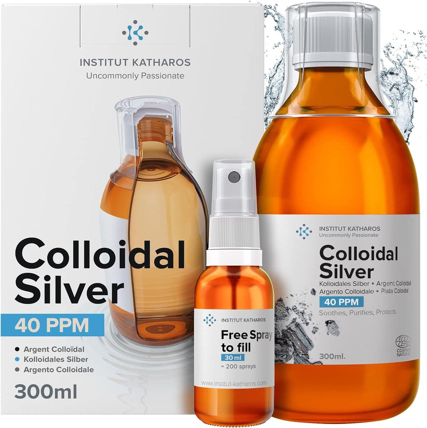 Highest Purity Colloidal Silver 300mL 40 PPM Free Spray to Fill Superior Concentration Smaller Particles Better Results Certified by 3 Independent Laboratories Institut Katharos