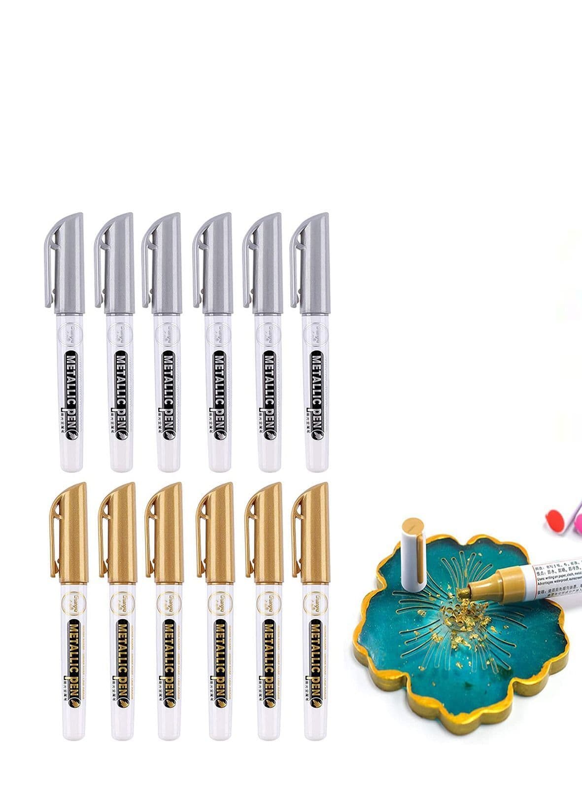 Metallic Markers Pens Gold Silver Acrylic Set Waterproof Resin Epoxy Paint for Paper Painting Scrapbooking Crafts Card Making Ceramics Photo Album Ceramic Glass DIY Craft 12PCS