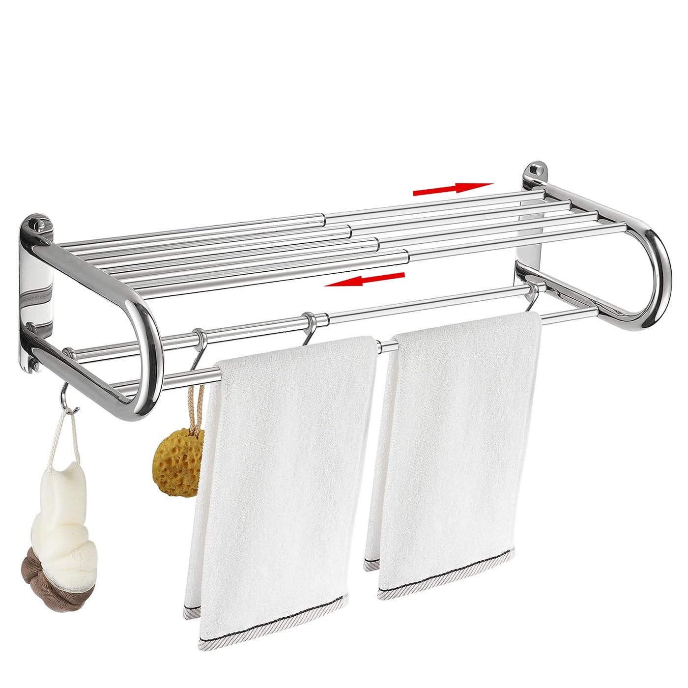 BESy Adjustable 15268 Inch Towel Rack with Shelf for Bathroom and Lavatory Towel Shelf Double Towel Bar Rod 4 Hooks Wall Mount Multifunction Towel Holder Hotel Style Stainless Steel Polished Chrome