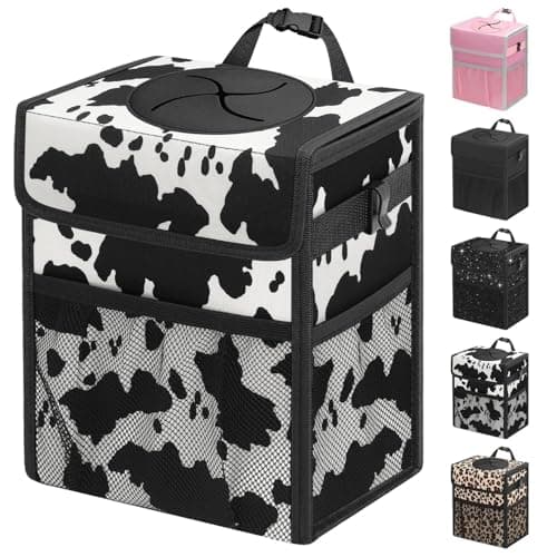 Capolo Car Trash Can with Lid Leakproof Car Trash Bag Hanging Waterproof Automotive Garbage Can with Storage Pockets Mini Vehicle Trash Bin for BackFront SeatCow Print3 Gallon