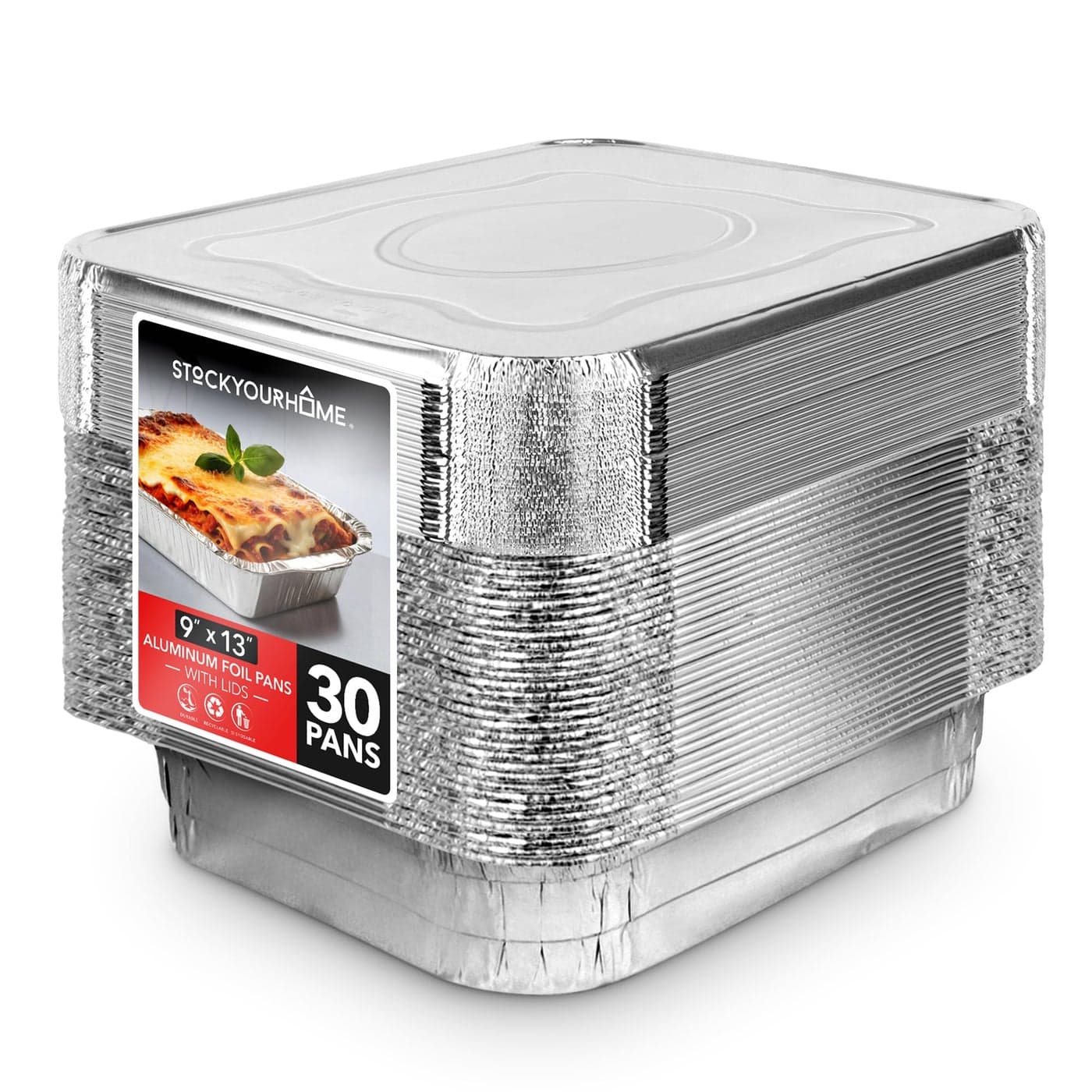 Stock Your Home Set of 30 9 x 13 Disposable Aluminum Pans with Lids 30 Heavy Duty Foil Pans with Lids 9x13 30 Foil Pan Covers Food Catering Containers for Baking Cooking Heating Storage