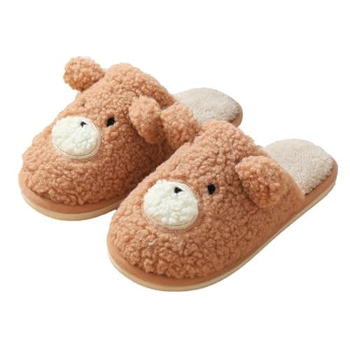 Jbciuds Women’s Slippers Outdoor Indoor Memory Foam House Slippers Warm Plush Bedroom Anti-Slip Shoes with Cute Bear Pattern, Brown 7