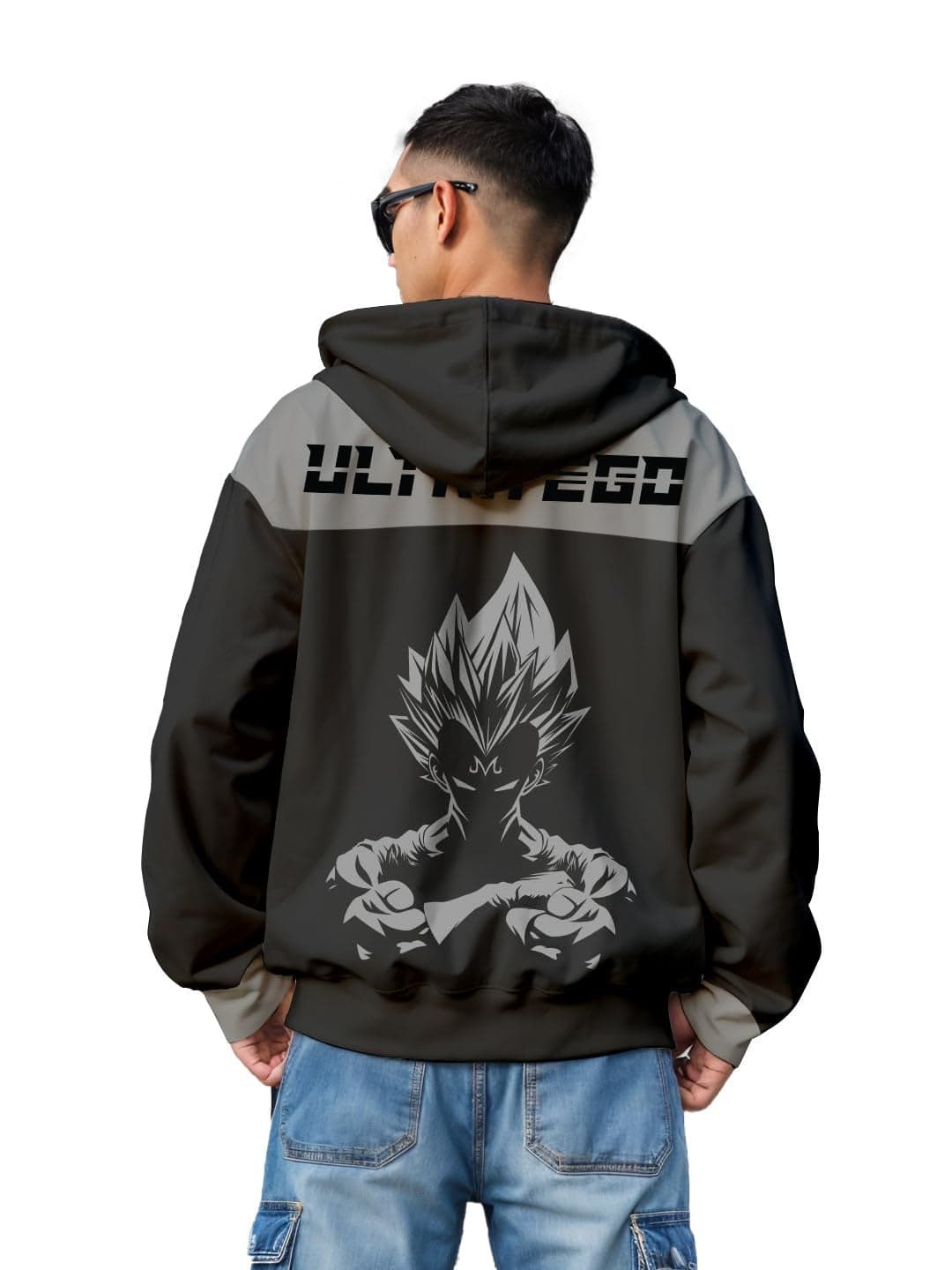 crazymonk Men's Cotton Printed Full Sleeve Oversized Ultra Ego Hoodie - Steel Grey - S Size