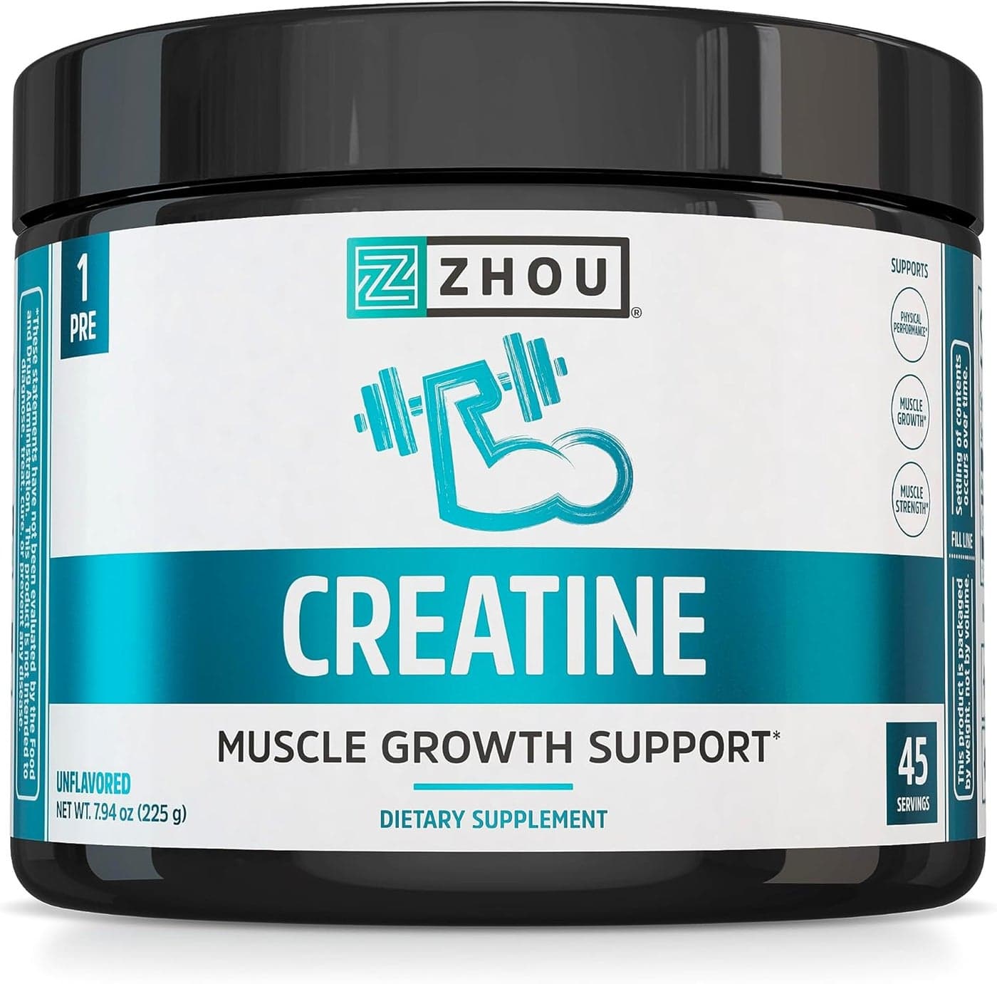 Zhou Nutrition Creatine Monohydrate Powder Pure Unflavored Creatine Powder Workout Recovery Physical Performance Support Vegan NonGMO Gluten Free Made without Soy 45 Servings