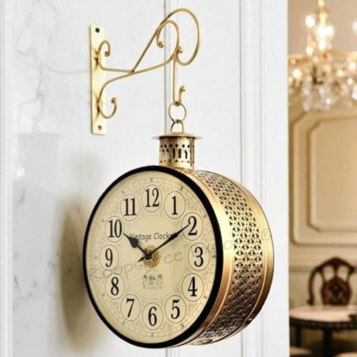 Vintage Clock Handcrafted Double Side Analog Clock With English Numbers 1 Year Warranty (12 Inches Size, Brass Finish, Totem Jali Design)