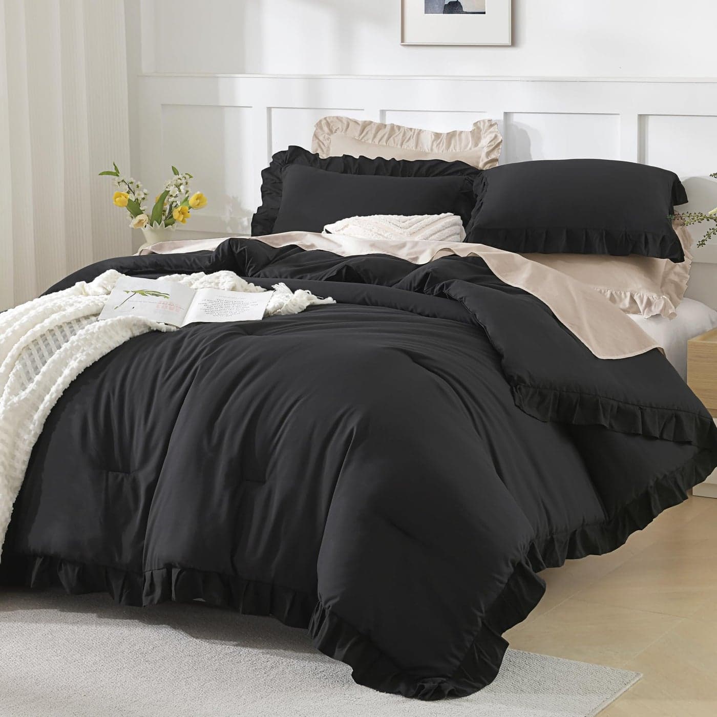 Andency Black King Size Comforter Set 3 Pieces Farmhouse Shabby Chic Bedding Comforters Sets Soft Fluffy Lightweight All Season Down Alternative Bed Blanket Set