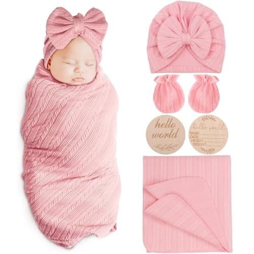 AQOKKA Newborn Receiving Blanket with Bow Hat Mittens Wooden Card Set WheatPattern Newborns Toddler Baby Boy Girl Nursery Swaddle Wrap